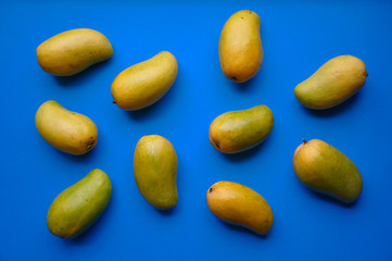 Top view of ripe mangoes in blue background