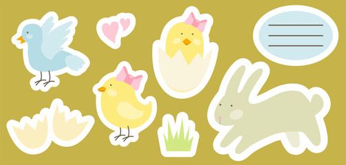 Vector illustration set of cute Easter baby chiken with pink bow, grass, egg shell, dove, bunny, two pink hearts isolated on white background. Illustration of cartoon character for sticker