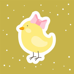 Vector cartoon cute Easter sticker with baby chicken with ribbon pink bow. Easter cards, gift, labels. Template for Greeting Scrap booking, Congratulation 