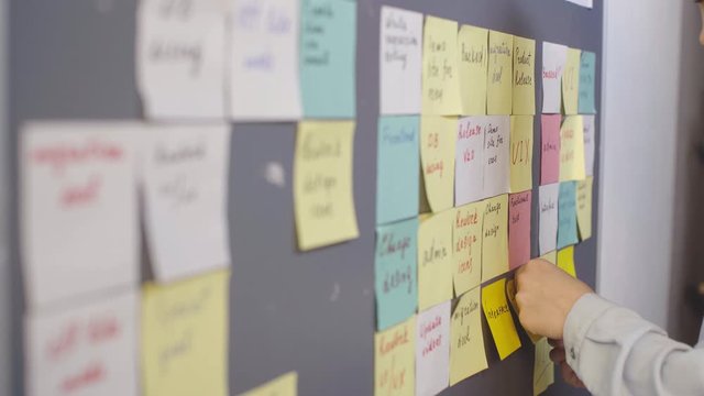 focus pull of businesswoman putting sticky note on board 
