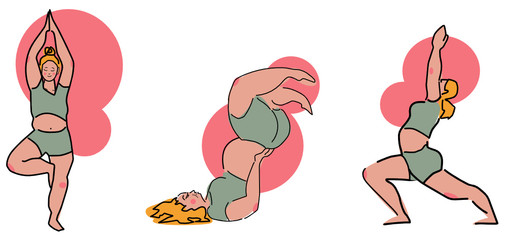 Three cute vector images of a body positive beautiful young red haired girl doing yoga activities dressed in a mint green sport costume with abstract pink circles on the background