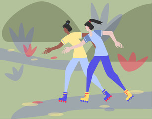 Cute colorful vector illustration of two young happy girls roller skating in the park with green blue and light red bushes trees and grass on the background