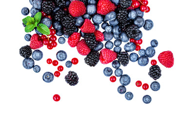 Sweet mix  berries isolated on white background, top view. Berry border frame. Flat lay.