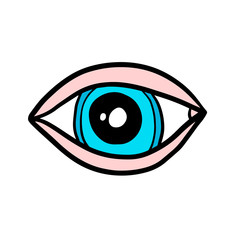 Clean and simple hand drawn logo eye illustration in cartoon comic style pink blue