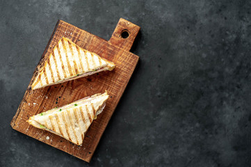 tasty sandwiches on a white plate on a stone background