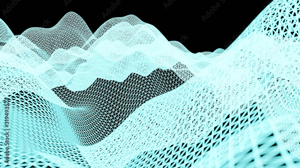 Poster data technology abstract futuristic cyan low poly shape glowing wire mesh surface on dark background