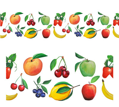  Colorful hand drawn set with fruits. emulation of oil painting. Gouache illustration of healthy food.