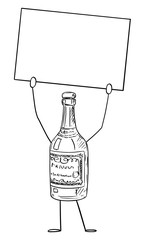 Vector illustration of cartoon liquor bottle character holding empty sign in hand.Advertisement or marketing design.