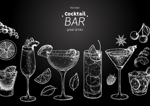 Alcoholic cocktails hand drawn vector illustration. Cocktails sketch set. Engraved style. Bellini, sidecar, tom collins, martini, negroni, caipiroska.