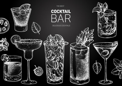 Alcoholic cocktails hand drawn vector illustration. Cocktails sketch set. Engraved style. Negroni, margarita, mojito, bloody mary, manhattan, mint julep.