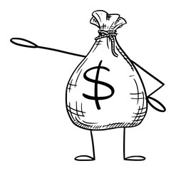 Vector illustration of cartoon bag of money or dollars character showing or pointing at something by hand.Financial advertisement or marketing design.