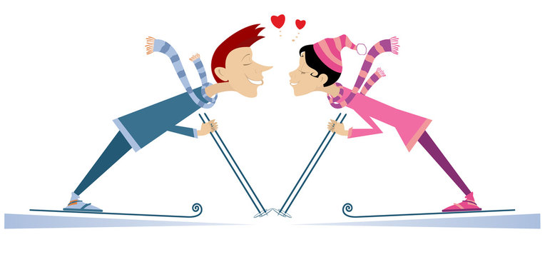 skiing couple in love with hearts clip art preview