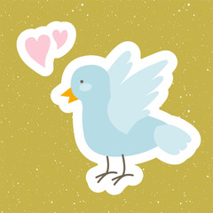 Vector illustration of Easter blue bird (pigeon or dove) with two pink hearts isolated on gold speckles background. Cute cartoon character for spring design	
