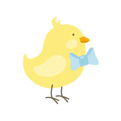 Vector illustration of Easter chicken with blue bow  isolated on white background. Cute cartoon character for spring design	