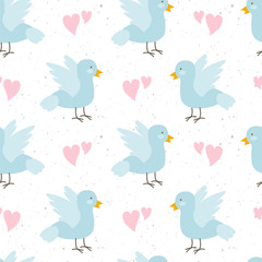 Vector illustration of baby seamless pattern with blue spring bird. Pigeon or dove character on white background with specle texture and pink hearts.