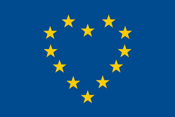 Concept de la paix et de la fraternité au sein de la communauté Européenne, avec son drapeau bleu dont les étoiles forment symboliquement un cœur.