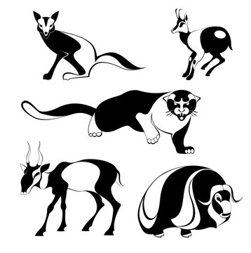 Original art animal isolated illustration set.  Original art silhouettes collection black on white