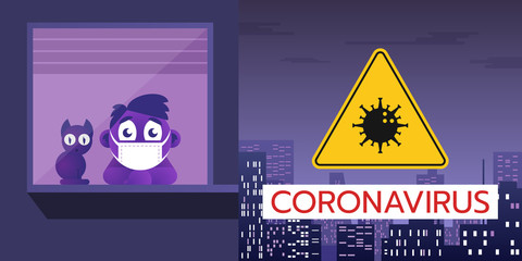Vector illustration of the banner of the coronavirus threat with a warning sign is on the background of the night city.
