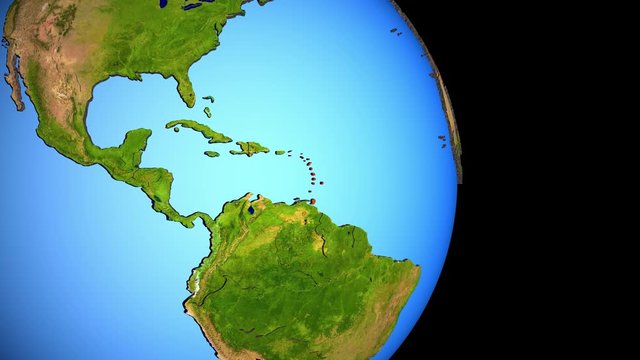Closing in on Caribbean on political 3D globe with topography. 3D illustration.