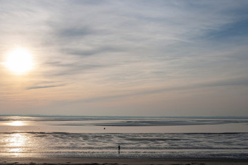 France. Baie de Somme. promeneur sur la plage de sable à marée basse sous le soleil. walker on the sandy beach at low tide under the sun.
