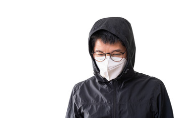 Asian man wearing surgical mask to prevent flu disease Corona virus and PM 2.5 dust, isolated on white background, clipping path