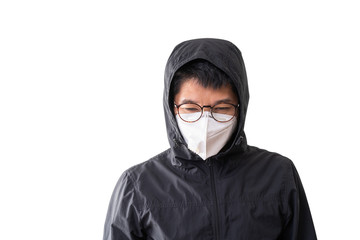 Asian man wearing surgical mask to prevent flu disease Corona virus and PM 2.5 dust, isolated on white background, clipping path