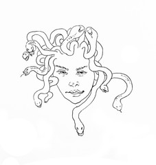 Ink hand drawn sketch of young Medusa Gorgona head male or female, with angry snakes on her or his hair.