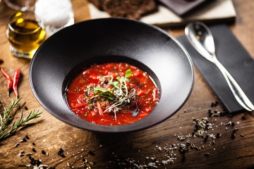 Beetroot soup served in a bowl in restaurant