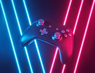 modern computer gaming controller or gamepad with neon lights. Close up. Entertainment and video games concept. 3d rendering © FOTOSPLASH