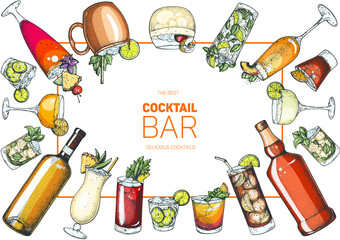 Alcoholic cocktails hand drawn vector illustration. Cocktails set. Bar menu design elements. - obrazy, fototapety, plakaty