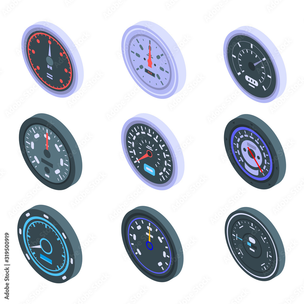 Poster speedometer icons set. isometric set of speedometer vector icons for web design isolated on white ba