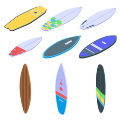 Surfboard icons set. Isometric set of surfboard vector icons for web design isolated on white background