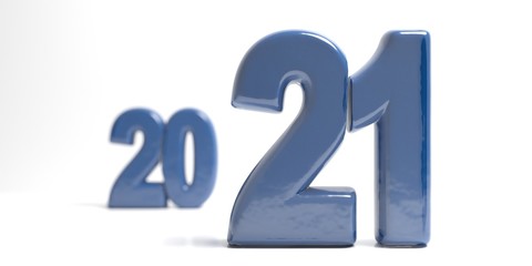 2021 new year eve. Blue numbers with depth of field and blurred numbers on white backdrop. Close up view, abstract. 3d illustration