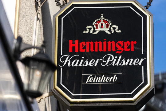 wetzlar, hesse/germany - 17 01 2020: henninger beer sign in wetzlar germany