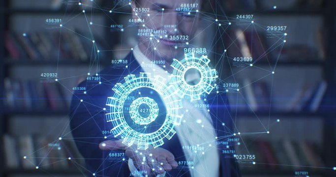 Beautiful Hologram. Slow Motion Portrait Successful Businessman Working with Futuristic Technological Abstract Gears Turning Icon. Business Concept. Businessman Series 4K UHD 4096x2160 3d animation.