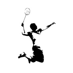 Badminton player, isolated vector silhouette, ink drawing