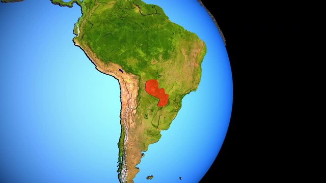 Closing in on Paraguay on political 3D globe with topography. 3D illustration.