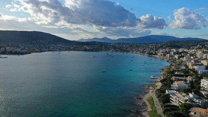 Fototapeta premium Aerial drone photo of beautiful seascape in bay of Porto Rafti, Mesogeia, Attica, Greece