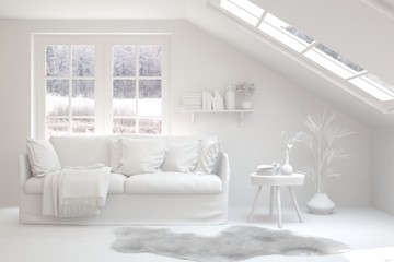 Mock up of stylish room in white color with sofa and winter landscape in window. Scandinavian interior design. 3D illustration