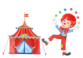 watercolor illustration of circus tent and clown, can be good for wallpaper, wrapping materials, invitation, greeting cards