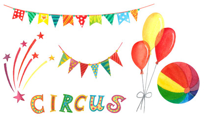 watercolor illustration of theam of circus, can be good for wallpaper, wrapping materials, invitation, greeting cards