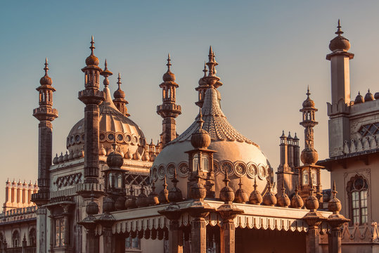 Brighton Pavilion, the Royal Pavilion in Brighton, United Kingdom. Onion domes and minarets on the roof. Indian style architecture, major landmark in the seaside resort.