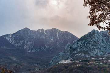 Landscapes of Molise. Monte Marrone e Castelnuovo al Volturno. Winter panorama from the historic...