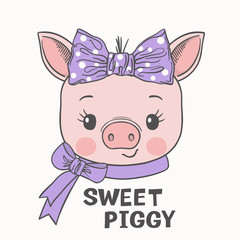 Cute cartoon pig girl face with bow. Sweet Piggy slogan. Vector illustration design for t-shirt graphics, fashion prints, slogan tees