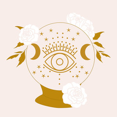 vector illustration with crystal globe, eye and white flowers