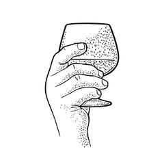 Male hand holding glass brandy. Vintage vector engraving