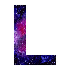 Cosmic watercolor big letter L. Hand-drawn illustration. Letter of the alphabet.