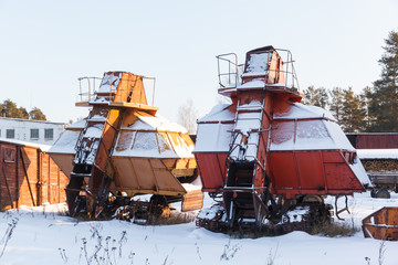 Special machine for peat extraction. Peat harvester. Agriculture industry, peat farm.