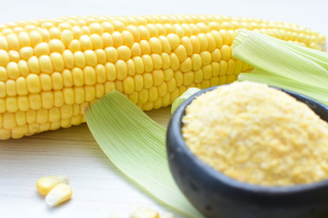  fresh organic corn in leaf, shelled and powdered