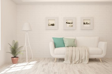 Stylish room in white color with sofa. Scandinavian interior design. 3D illustration